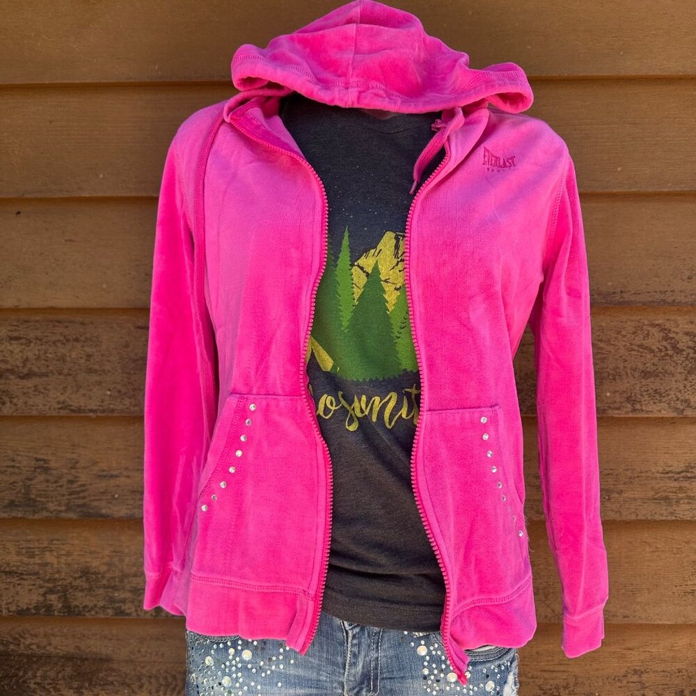 Everlast Sport Pink Velour Zip-Up Hoodie Womens M With Hood & Rhinestone Accents